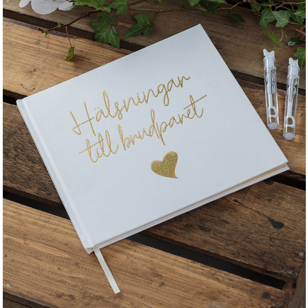 Vit gästbok hälsningar till brudparet