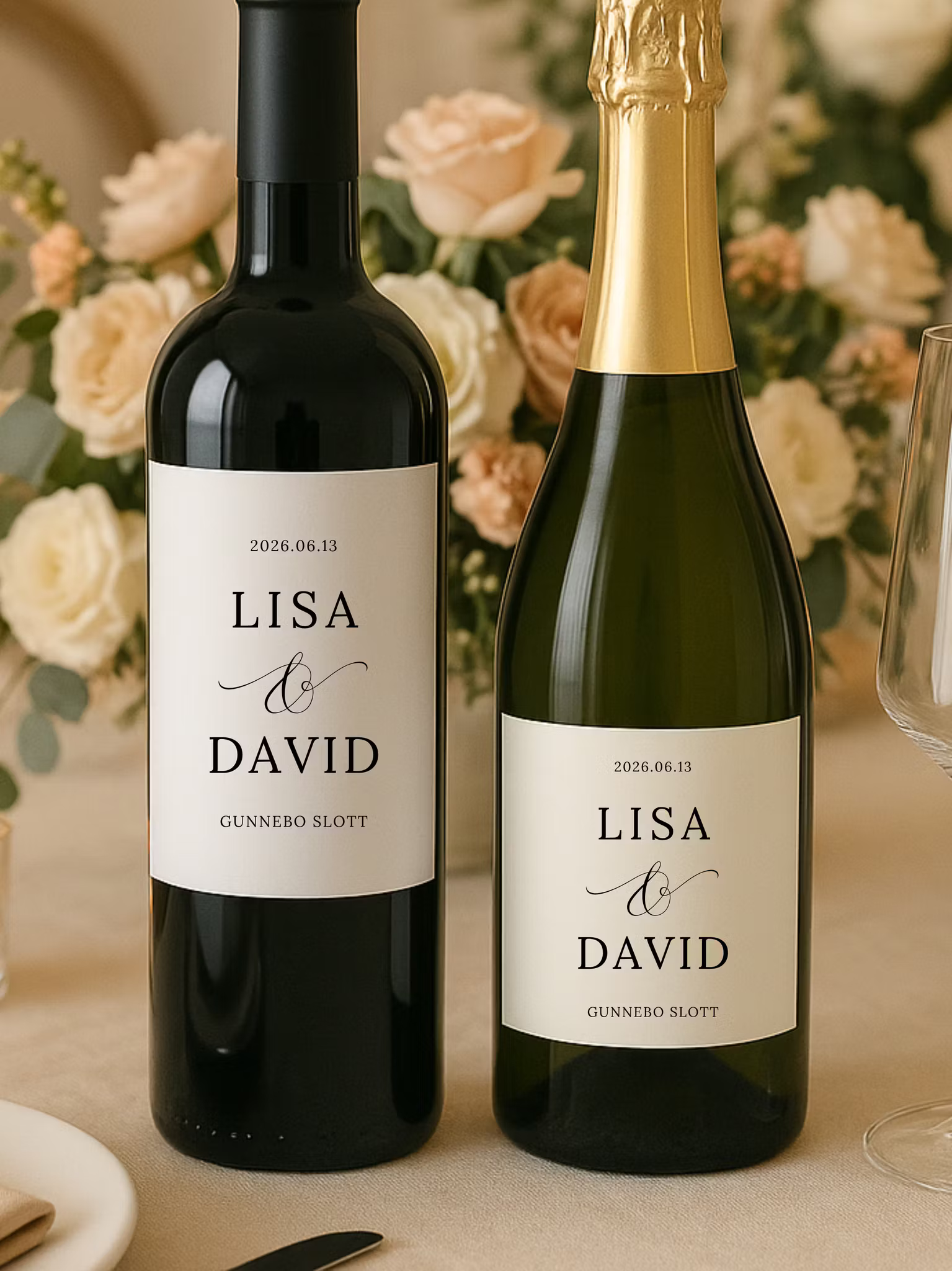 Flasketiketter till Bröllop – Personliga Etiketter med Namn & Text